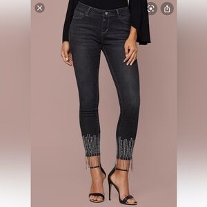 Bebe sexy rhinestone fringe hem skinny black mid-rise jeans sz 27